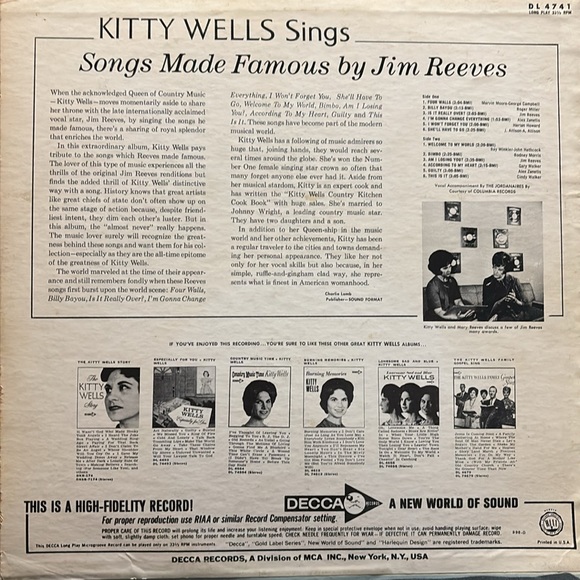 Record | Kitty Wells sings Songs Made Famous By Jim Reeves | DECCA | Bimbo - Picture 3 of 7